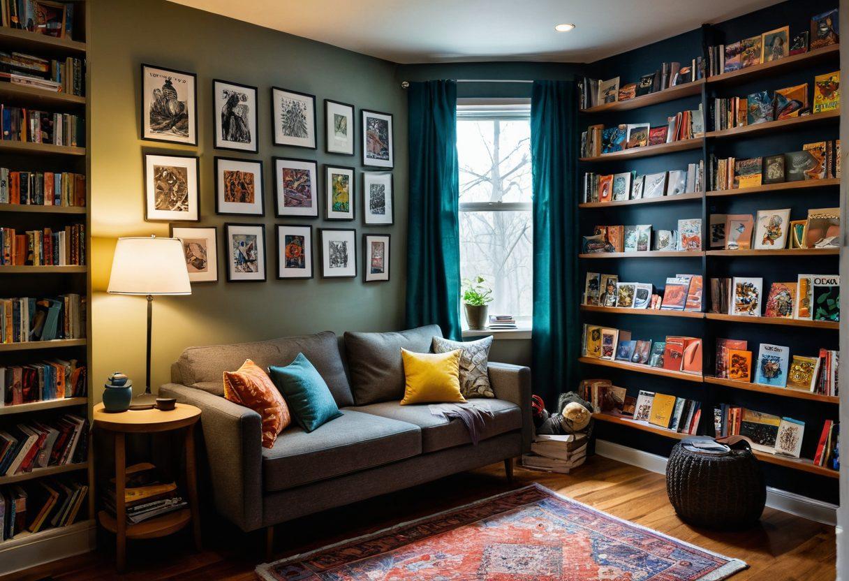 An inviting, cozy reading nook featuring a person deeply immersed in a vibrant adult graphic novel, surrounded by colorful comic book covers and whimsical illustrations. The room is softly lit, with shelves filled with various graphic novels, a steaming cup of coffee on the side table, and playful artwork adorning the walls. The ambiance conveys creativity and exploration, drawing viewers into the world of adult graphic storytelling. vibrant colors. super-realistic. cozy atmosphere.