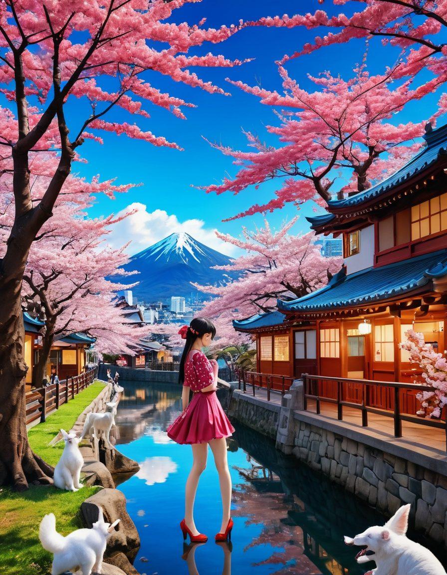 A whimsical cityscape blending elements of fantasy with erotic undertones, featuring vibrant manga and anime characters in playful poses. Incorporate fantastical creatures intermingling with human figures, all surrounded by colorful cherry blossom trees. The atmosphere should be intimate yet adventurous, evoking a sense of allure and cultural richness. The art style should reflect a fusion of traditional Japanese aesthetics and contemporary graphic novel flair. vibrant colors. super-realistic.